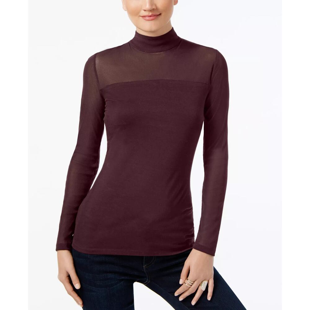 INC International Concepts Mock-Turtleneck Illusion Top L Burgundy Keyhole NWT